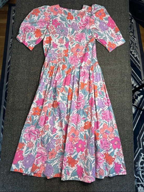 Vintage Laura Ashley Floral Puff-Sleeve Midi Dress Pink & Lavender sz 8 80s 90s - Picture 10 of 10